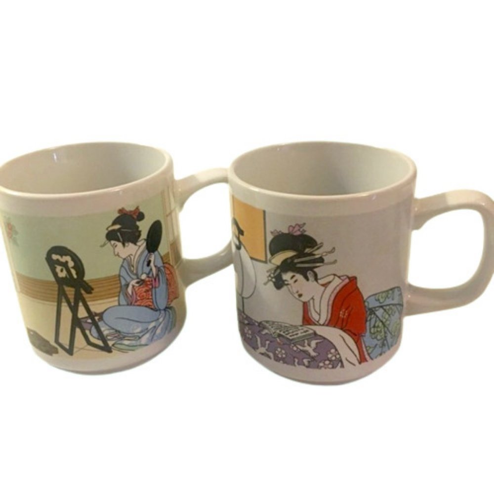 Coffee Tea Vintage 70s Mugs Japan Geisha Scenes